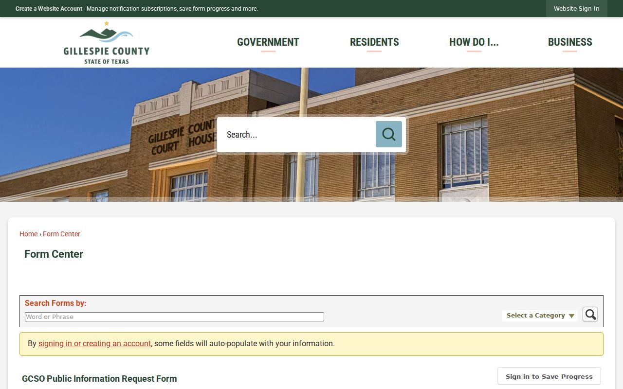 Gillespie County warrant search records request form with blank fields