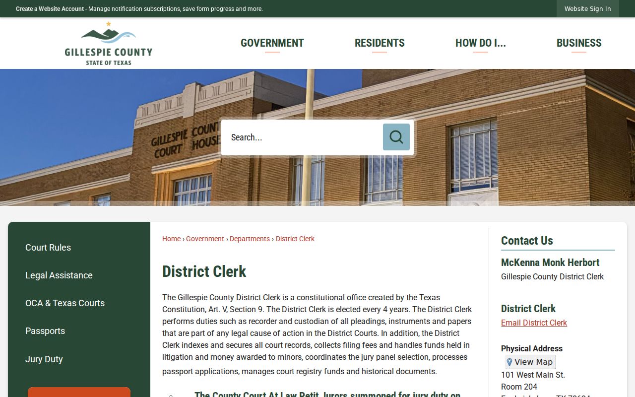 Gillespie County warrant search contact details for the District Clerk