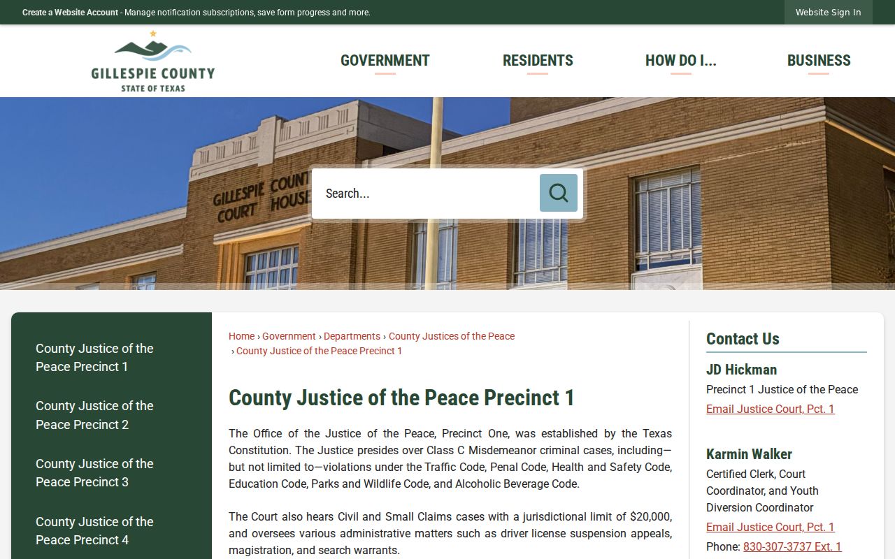 Gillespie County bench warrant court routing through JP1