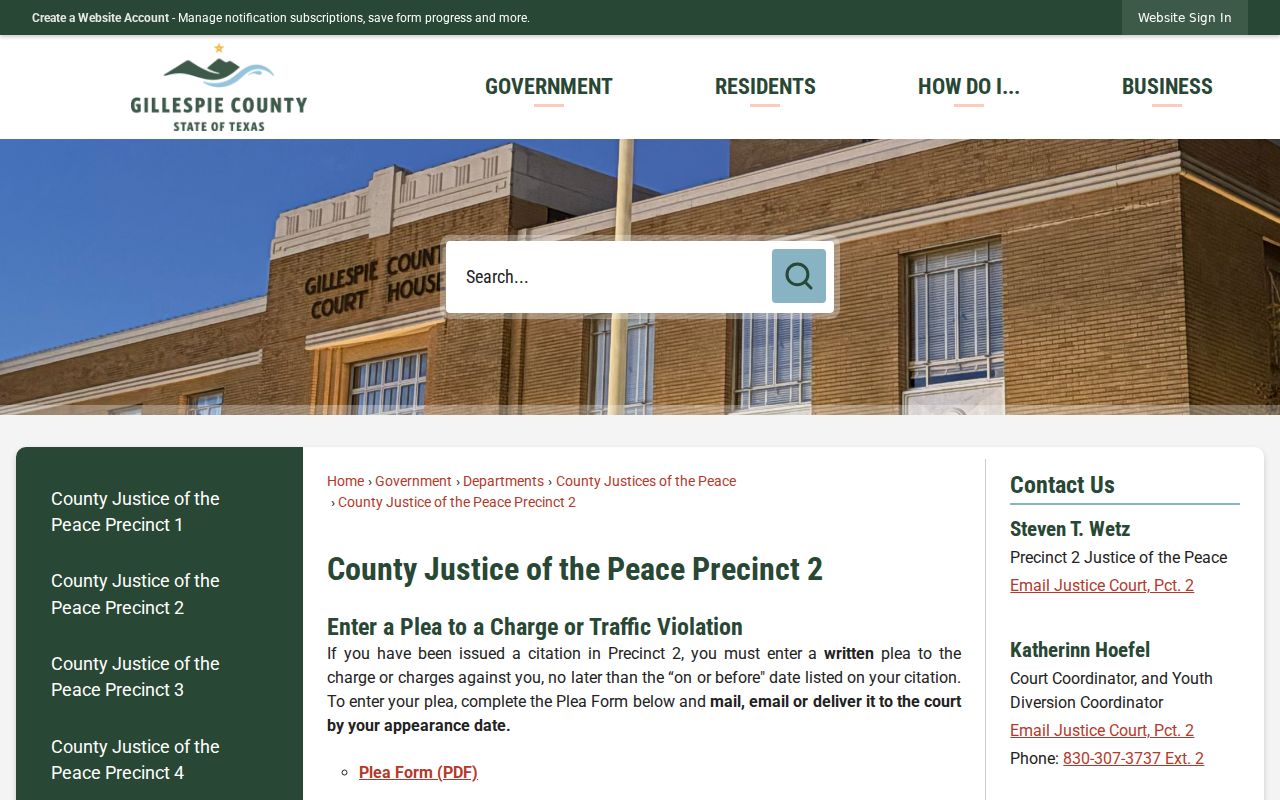 Gillespie County bench warrant contact route for JP2
