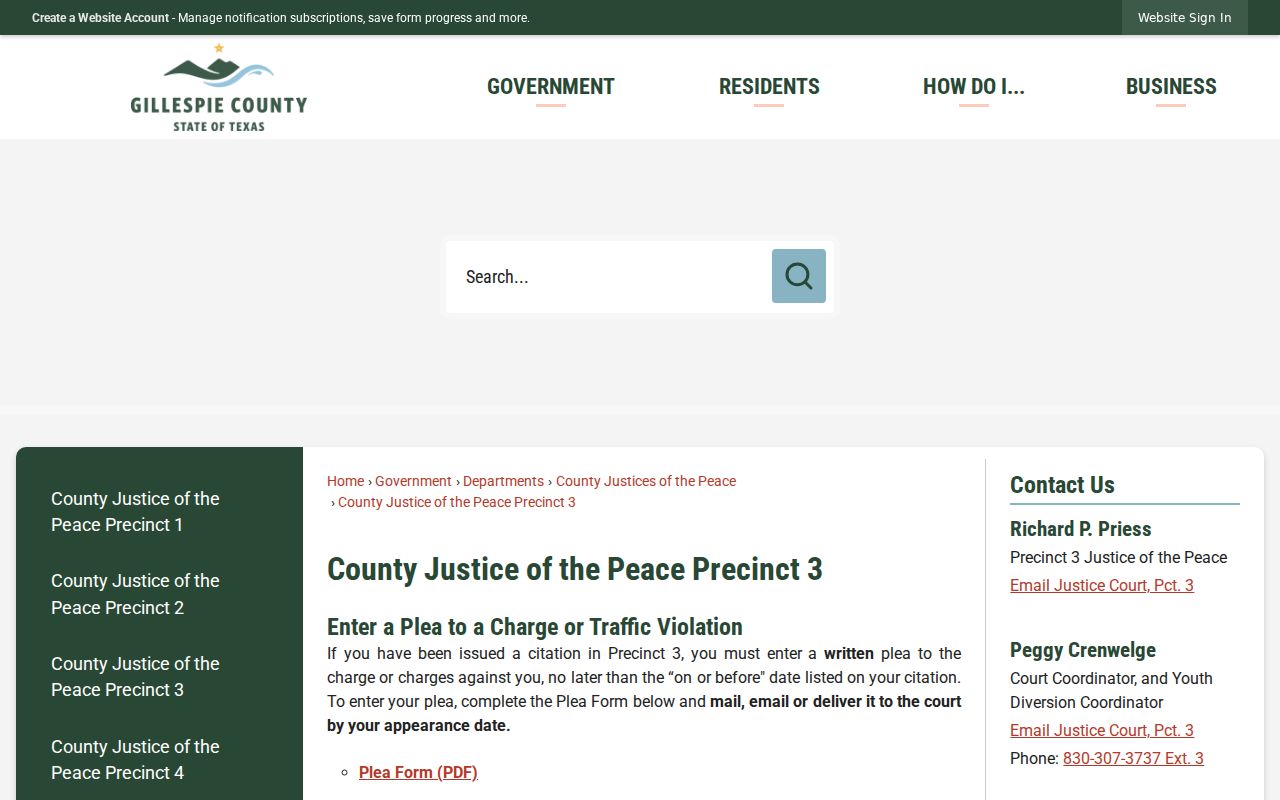 Gillespie County bench warrant contact route for JP3
