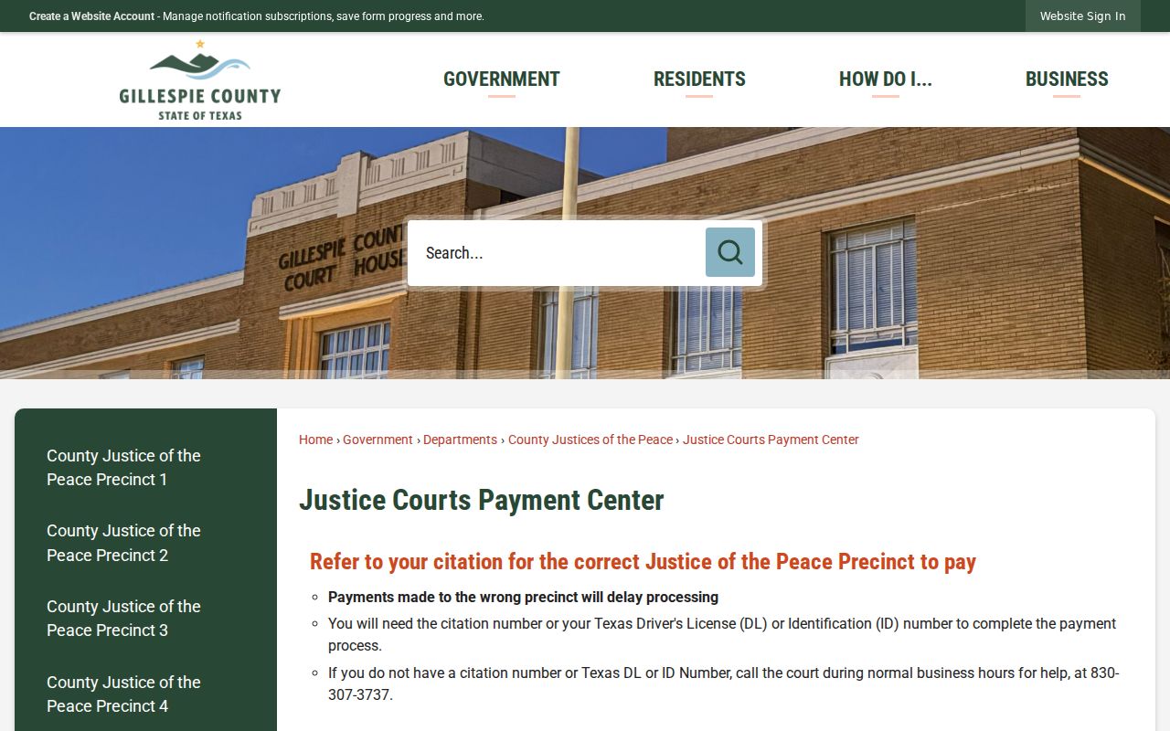 Gillespie County traffic warrant payment routing codes for JP courts