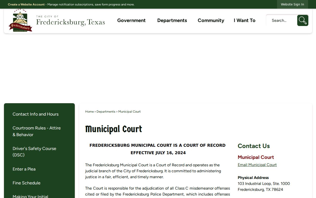 Fredericksburg warrant records and Municipal Court Court of Record status