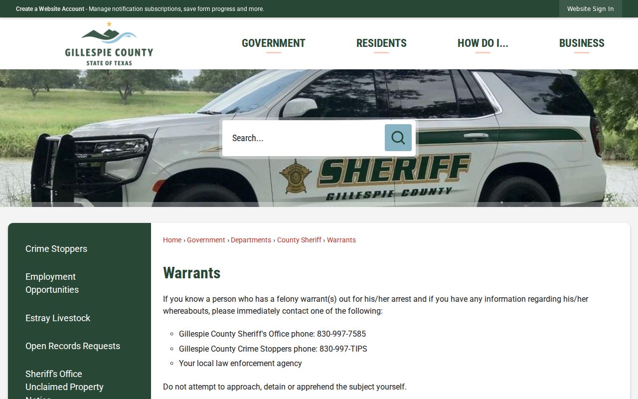 Gillespie County active warrant notice and current list status