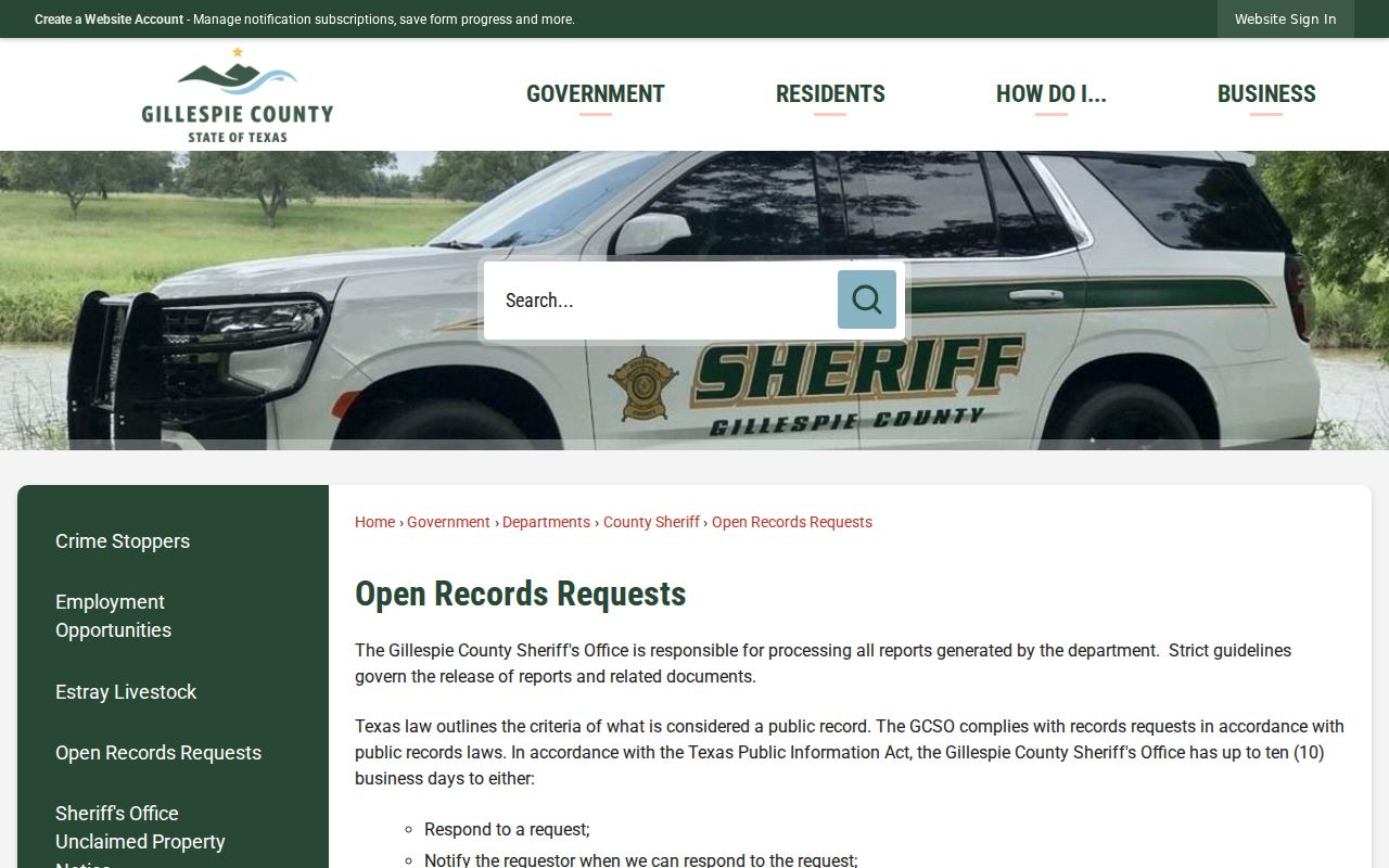 Gillespie County warrant records written public information request rule